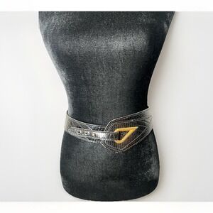 Women's Black Textured Waist Belt with Gold Triangle Buckle